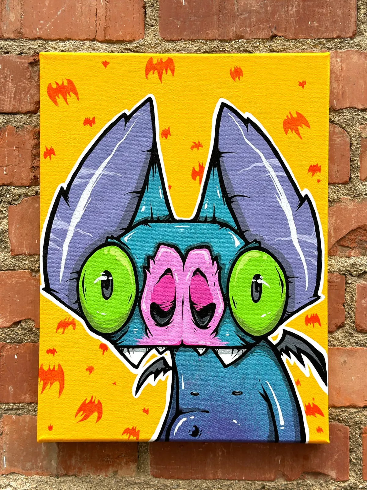 Freaking Ding Bat Painting, acrylic and spray paint painting on canvas: neon goth lowbrow horror bat art by Freaking Ding Bat