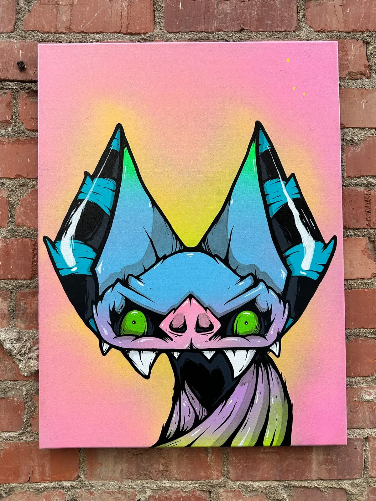 Freaking Ding Bat Painting, acrylic and spray paint painting on canvas: neon goth lowbrow horror bat art by Freaking Ding Bat