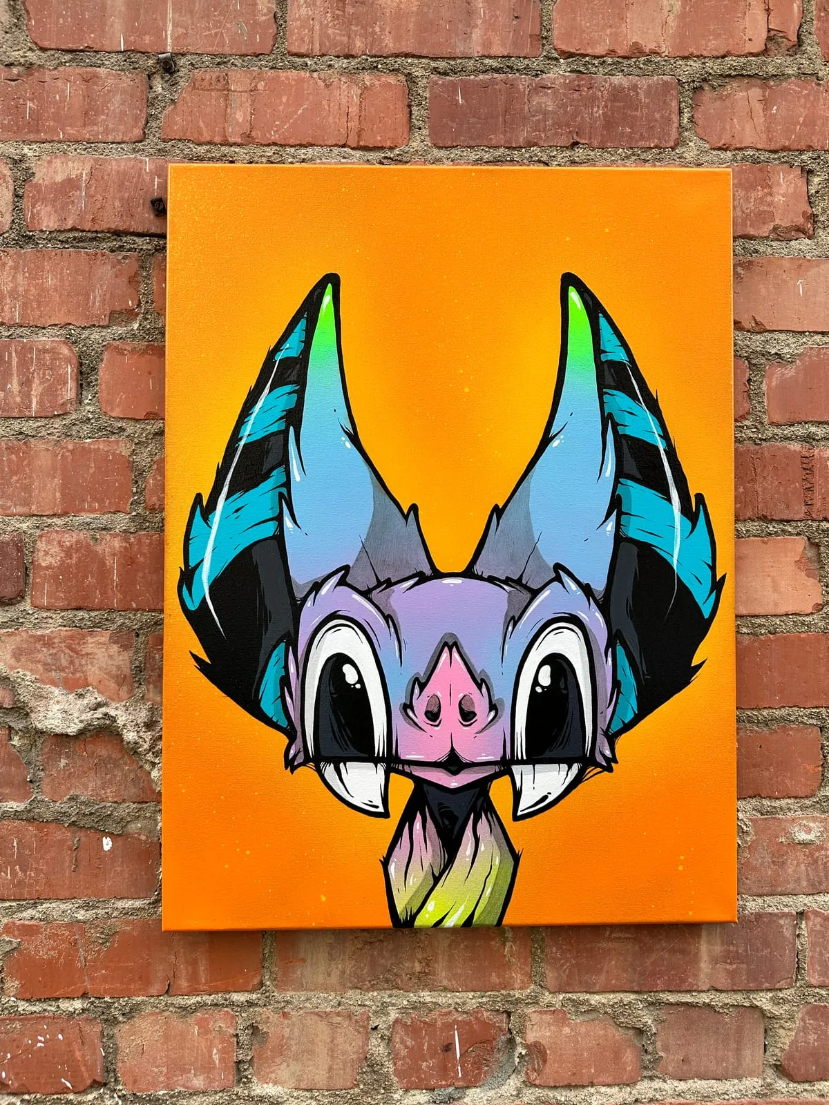 Freaking Ding Bat Painting, acrylic and spray paint painting on canvas: neon goth lowbrow horror bat art by Freaking Ding Bat