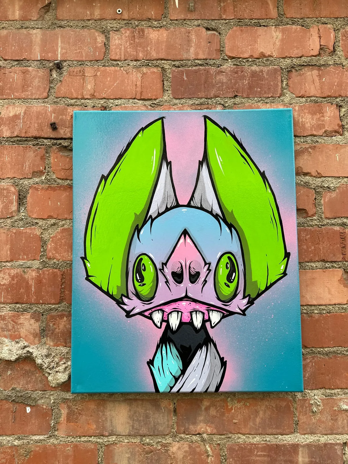 Freaking Ding Bat Painting, acrylic and spray paint painting on canvas: neon goth lowbrow horror bat art by Freaking Ding Bat