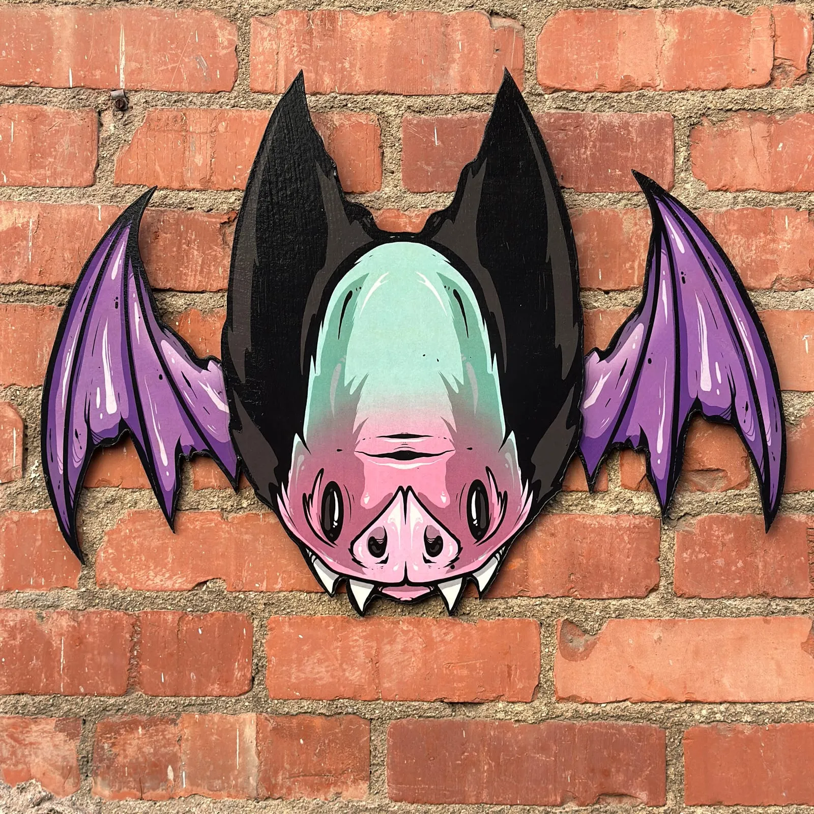 Freaking Ding Bat, hand-cut layered wood art: neon goth lowbrow horror bat art by Freaking Ding Bat